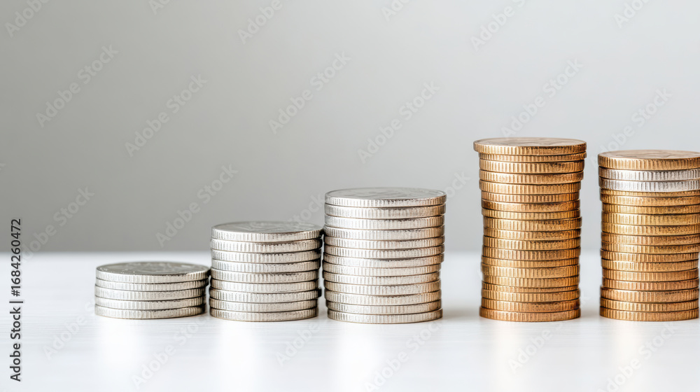 Poster stacks of coins arranged ascending order create visually appealing display of wealth