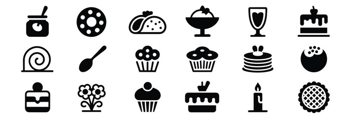 Dessert and Baking Icon Set – Black Line Icons for Sweet Treats, Pastry Design, and Culinary Branding