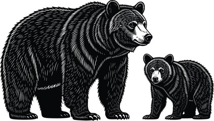 Vector Illustration of Bear with Two Cubs in Wildlife Forest Style Standing Together Isolated on White Background for Nature Artwork © Creatives Sakib