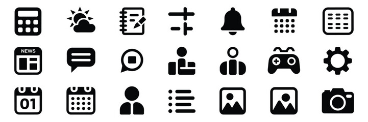 Digital UI and Productivity Icon Set – Black Vector Collection of  Symbols for Apps, Tools, and Interface Design