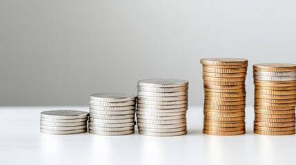 Stacks of coins arranged ascending order create visually appealing display of wealth