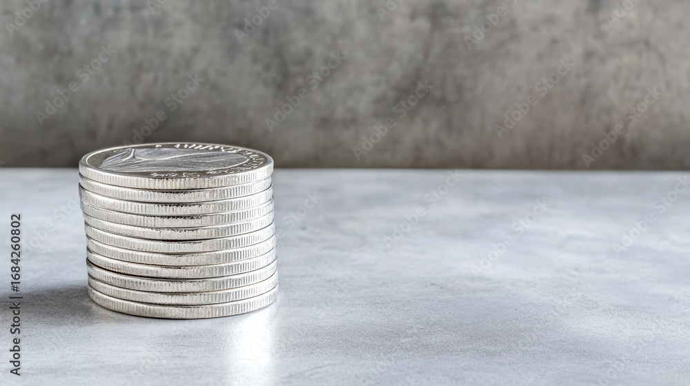 Poster stacked silver coins on smooth surface with textured background create minimalist aesthetic