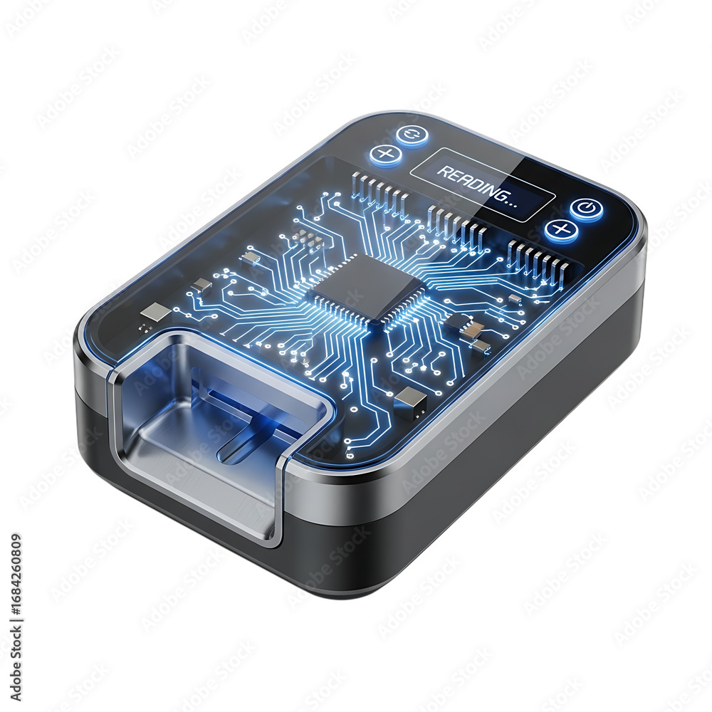 Poster futuristic translucent electronic device with glowing circuitry and digital display showing data ins
