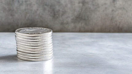 Stacked silver coins on smooth surface with textured background create minimalist aesthetic