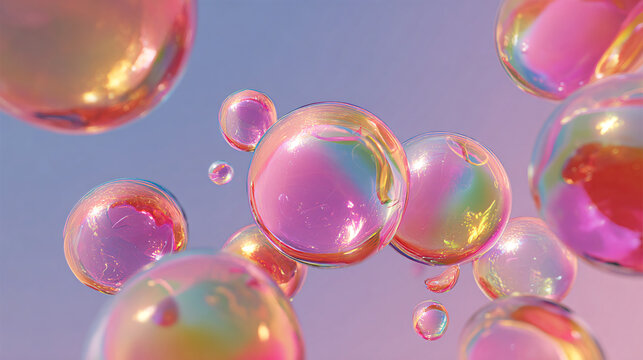 Colorful iridescent bubbles floating softly
