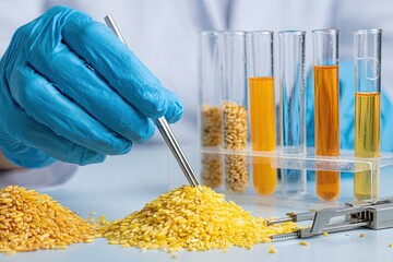 Scientist analyzing yellow grain quality in a modern laboratory setting.