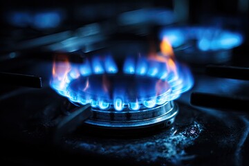 Vibrant blue flame from a kitchen gas stove burner in the dark.