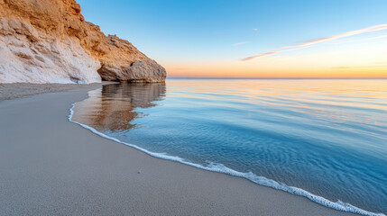 Calm sea reflects serene sky at sunset, creating peaceful coastal scene