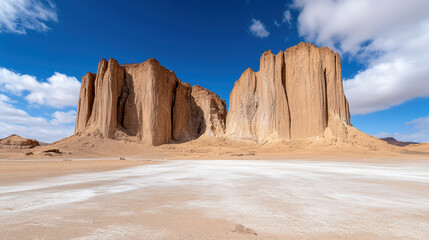 Dramatic rock towers rise above vast desert plateau under bright blue sky