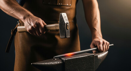 Blacksmith shaping glowing metal rod on anvil with hammer, strong hands in leather apron under focused workshop lighting