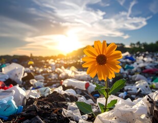 Dramatic photo of flowers growing among plastic waste - protect the environment - save the earth