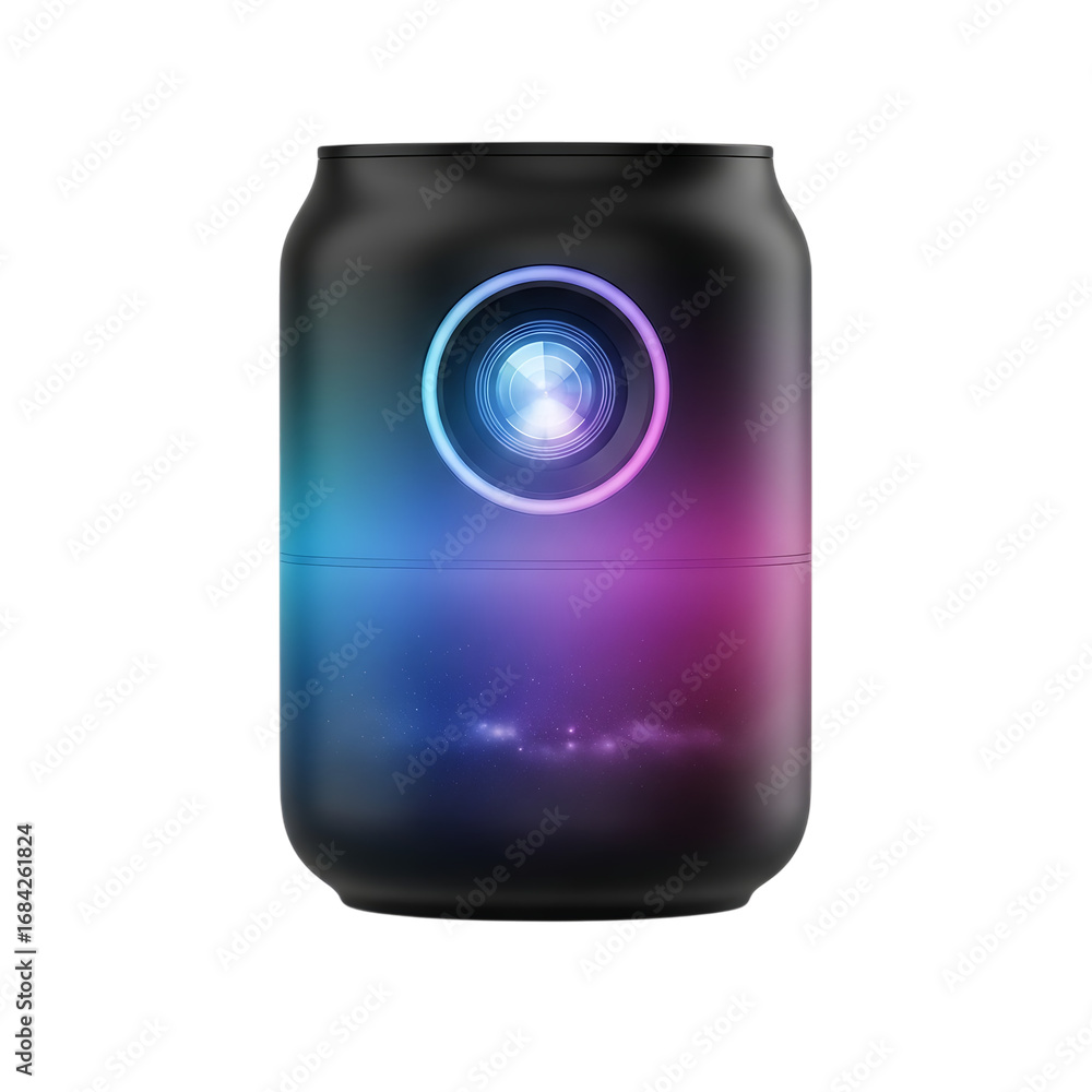 Poster futuristic black can with vibrant neon glowing nebula effect and abstract circular light emblem desi