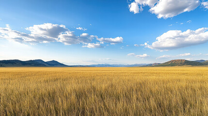 Obraz premium Golden steppe landscape blue sky with fluffy clouds, showcasing natural beauty and tranquility