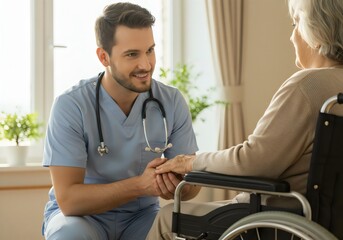 Fototapeta premium Male nurse or caregiver holding hands with an elderly female patient in a wheelchair, providing compassionate home care and support