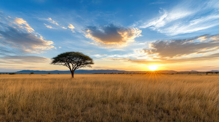 Vast savannah landscape features solitary tree stunning sunset, showcasing golden hues