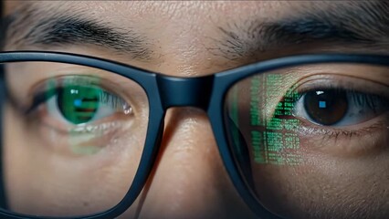Hacker's Gaze: Binary Code Reflected in Eyeglasses, Digital World Immersion - Powered by Adobe