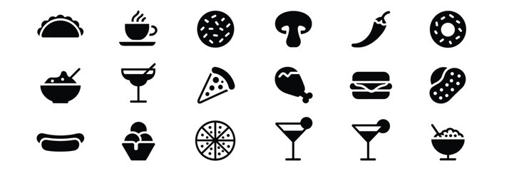 Food and Drink Icon Set – Black Line Icons for Snacks, Beverages, and Culinary Design