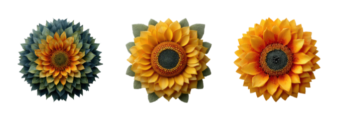 Trio of Artistically Rendered Sunflowers PNG set with intricate petal detail and vibrant autumn colors Isolated on Transparent backround