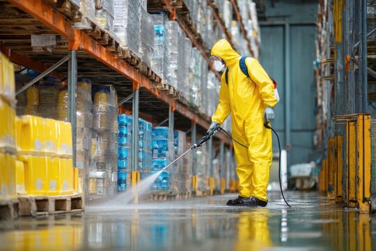 Professional worker in hazmat suit sanitizing warehouse floor with spray.