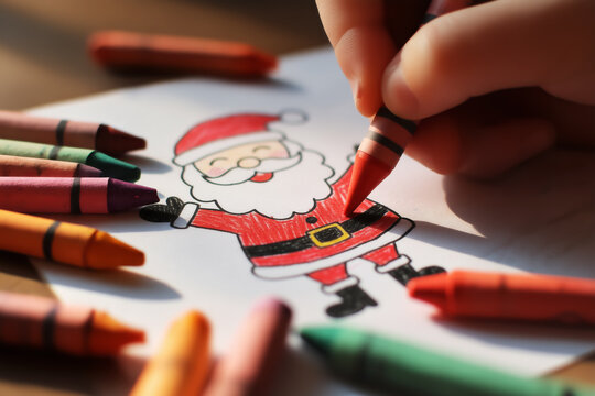 Child&rsquo;s Hand Drawing Santa Claus with Crayons