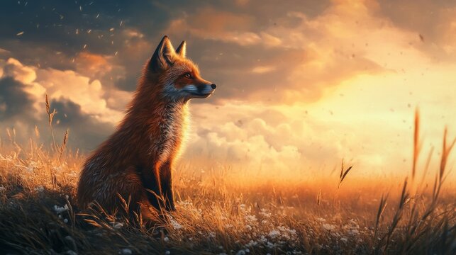 A red fox sits in a field of tall grass, looking up at a beautiful sunset. The sky is filled with dramatic clouds and a soft, golden light.