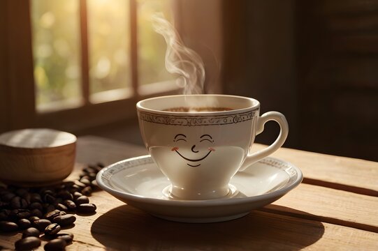 Joyful coffee cup with smiling face steams warmly on wooden table near beans, morning light.
