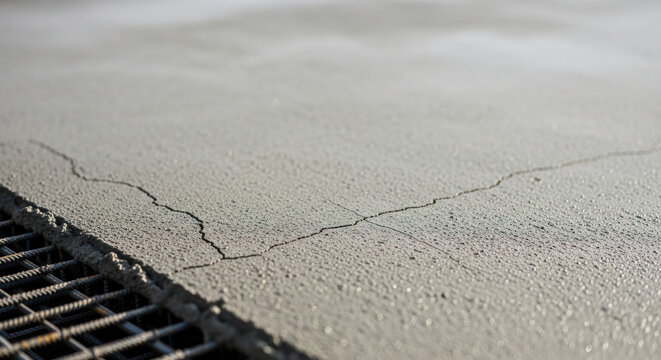 Close up of fresh poured concrete slab with visible surface cracks and underlying steel reinforcement mesh construction material durability and structural integrity issue concept