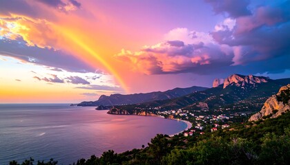 Panoramic sunset over a coastal town