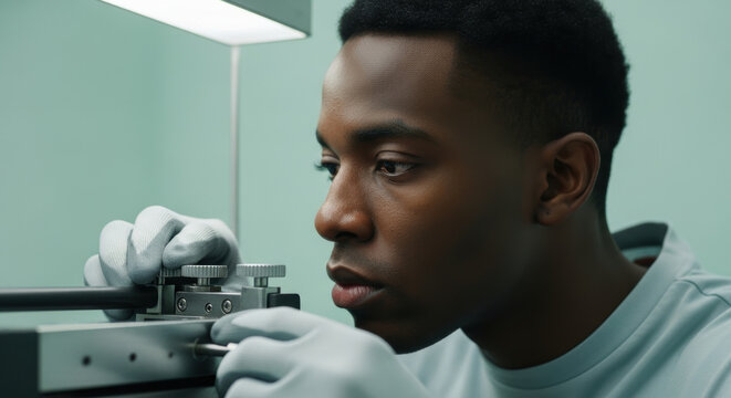 Focused technician in lab assembling precision instrument under bright light young professional calibrates mechanical equipment in sterile environment, demonstrating concentration