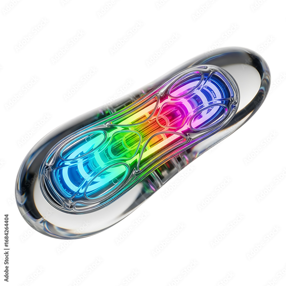 Poster vibrant colorful digital rendering of a futuristic glowing capsule with internal energy streams floa