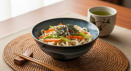 Bowl of udon noodles with sliced vegetables and sesame seeds served alongside a cup of green tea on a woven placemat