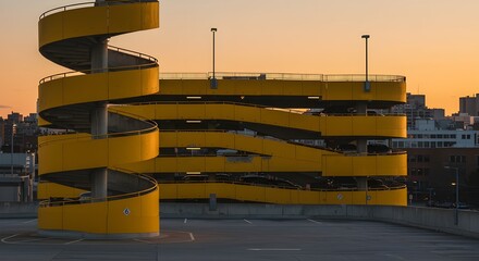 Evening Parking Garage With Bright Yellow Spirals Creating Urban Architectural Lighting Design Display