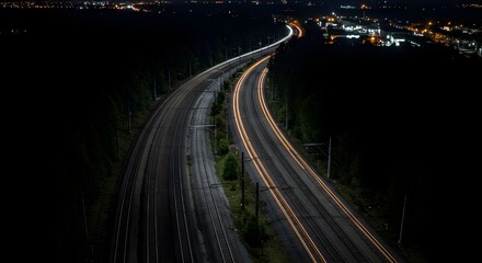 Fototapeta premium Midnight Train Tracks With Gleaming Ribbons Of Steel Stretching Through Dark Railway Landscape
