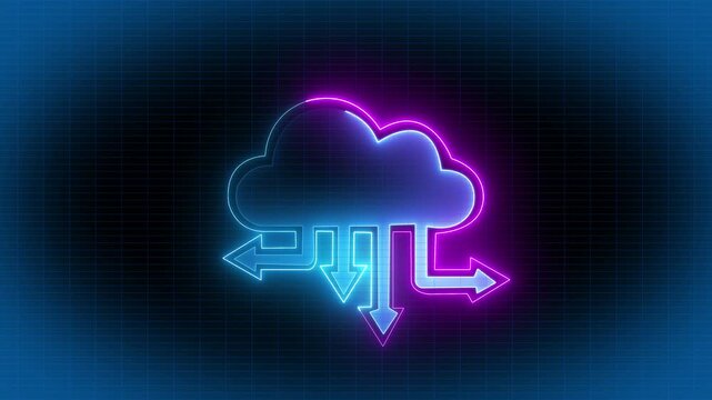 glowing neon Cloud icon animation on black background. Cloud space and technology, data backup icon. cloud storage with arrows, looped animation. 4k animation