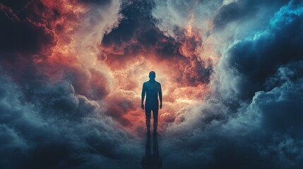 Fototapeta premium A lone figure stands in a dramatic sky, illuminated by a red glow breaking through dark clouds.