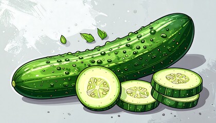 A vibrant illustration showcases a fresh cucumber, complete with slices and leaves, set against a textured backdrop.