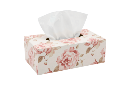 Floral tissue box on white background, soft tissues pulled out, for website or print
