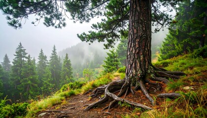 Obraz premium Misty mountain forest with large pine tree