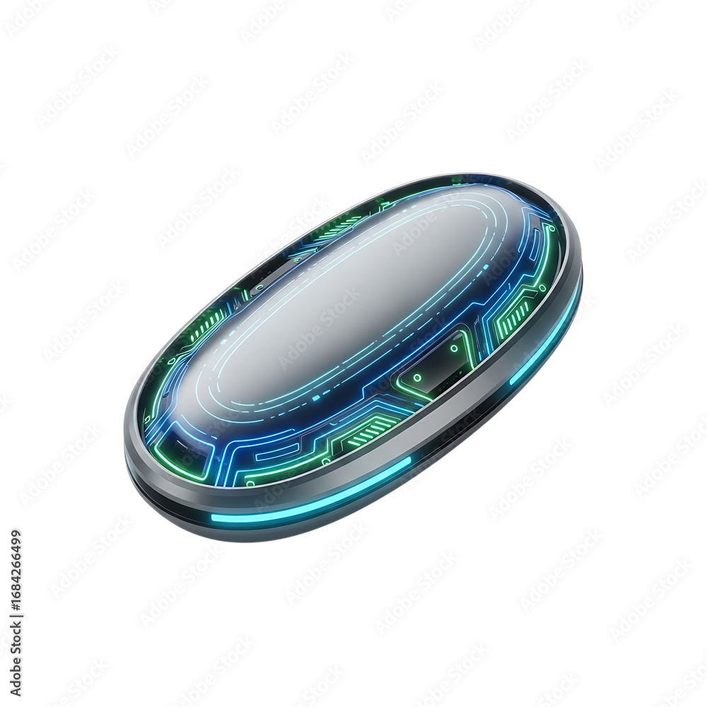 Poster futuristic oval shape with glowing circuitry and metallic sheen represents advanced technology and i
