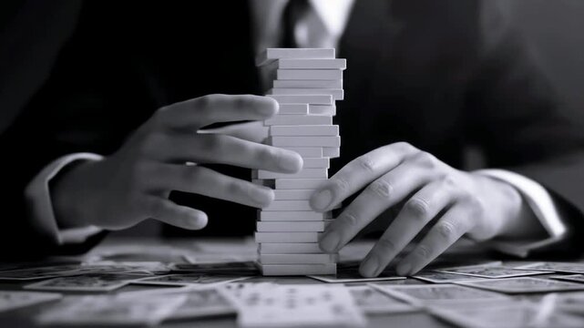 A businessman skillfully balancing a tower of white blocks amidst scattered playing cards on a table