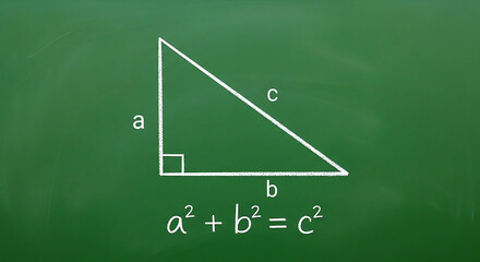 Simple Right Triangle Pythagorean Theorem on greenboard, Illustration for Educational Purposes