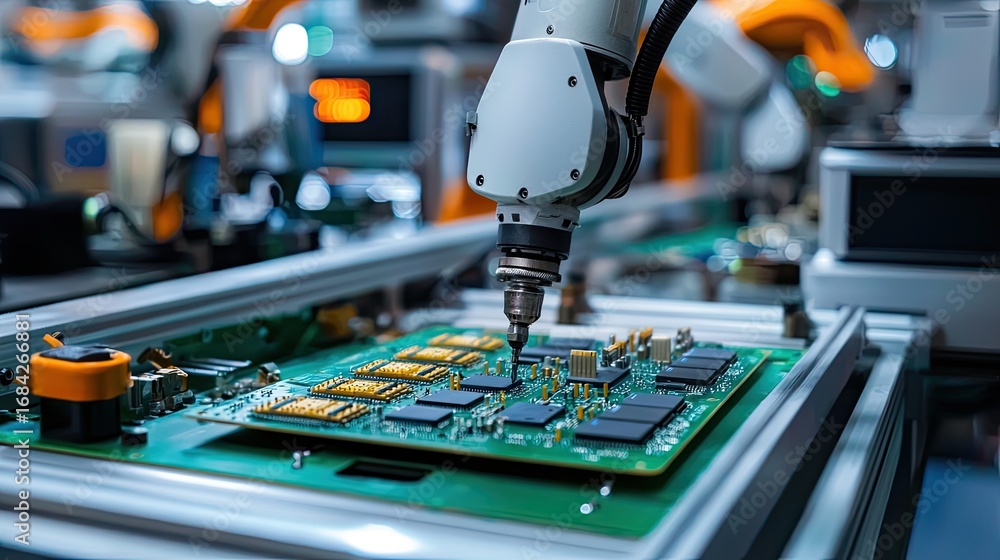 Poster robotic arm assembling electronic circuit board in a high tech factory.
