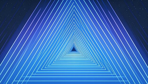 Dynamic blue glowing triangle tunnel, abstract and futuristic design with starry background.