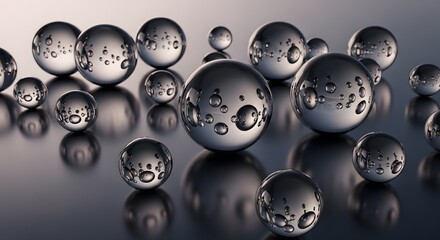 A collection of reflective metallic spheres with water droplets on a dark, glossy surface.