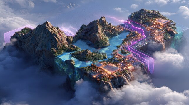 Futuristic Blockchain Landscape with Crypto River