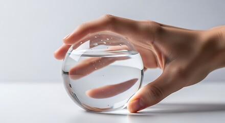 Captivating image of a hand delicately grasping a clear glass sphere containing pure water with bubbles, showcasing reflection and clarity on a clean background.