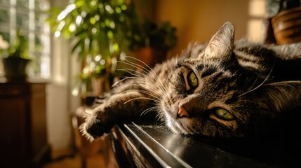 Tabby Cat Relaxing on Piano with Morning Sun
