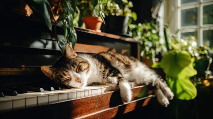 Tabby Cat Relaxing on Piano with Morning Sun