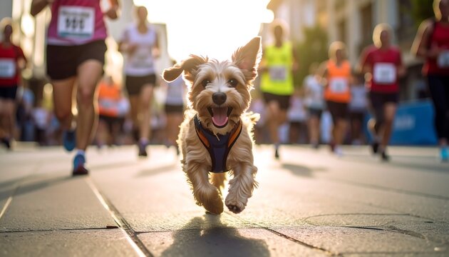 Happy dog running a marathon with runners