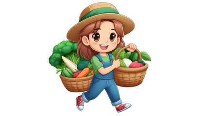 Cartoon Farmer Holding Basket of Vegetables Illustration